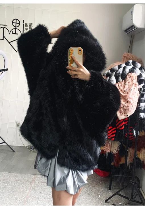 Nerazzurri Autumn Winter Oversized Faux Fur Coat | White & Black Shaggy Warm Jacket with Hood | Casual Loose Fluffy Outerwear for Women 2023 - Image 5