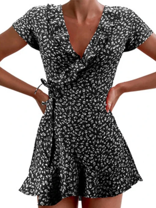 Floral A-line Dress for Women – Sweet & Elegant V-neck, Ruffled Bandage Mini Dress, Summer 2022 - Image 3