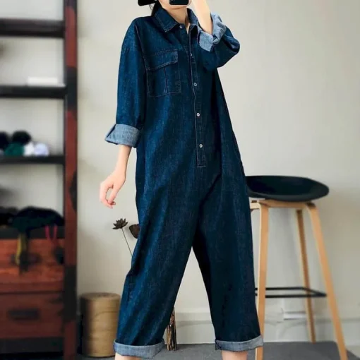 Oversized Denim Jumpsuit for Women - Casual One-Piece Outfit - Image 2