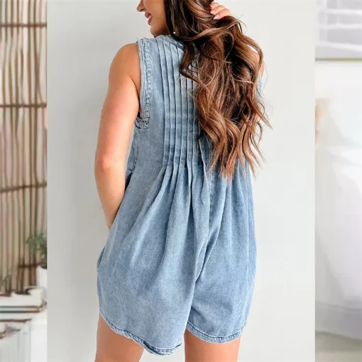 kf Sb3df3acd48ee43ec810fe4f551695713j 2024 Women Deep V Neck Lace up Denim Jumpsuit Shorts Rompers Female Pleated Sleeveless One piece