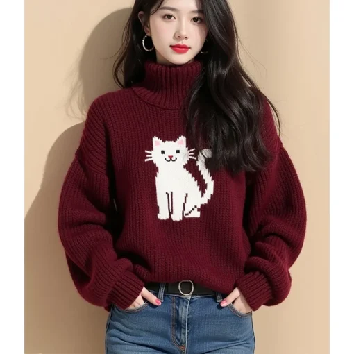 2025 New Winter Red Turtleneck Sweater | Lazy Style Korean Fashion | Vintage Elegant & Comfortable Pullover for Women - Image 2