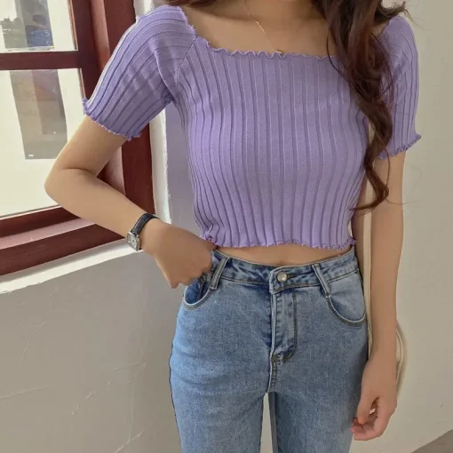 kf Sb5aa62a07fb54f3cb02107474ed27531k Off The Shoulder Top Women Knitted Sexy Short Sleeve Slim Fit T Shirts Crop Top Y2k