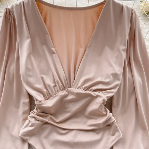 kf Sb5e1403e06d6466b949a5288e63ce72fU Elegant Deep V Neck Women s Bodysuits Solid Color Spring Summer Long Lantern Sleeve High Waist