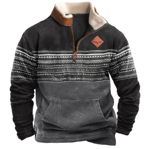 kf Sb6e22884fbbb412b9c0bbf2bf5051accF Western Ethnic Style Men s Sweatshirt Vintage Zipper Stand Collar Sweatshirt Autumn Spring Stripe Male Clothing