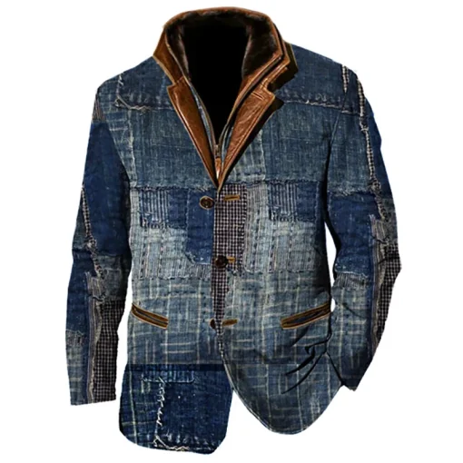 kf Sb7619cf0934f48a5b59037428eeb420a0 Patchwork Design Men Jacket Vintage Fleece Blazer Double Layer Lapel Leather Collar Medium Length Coats Grid