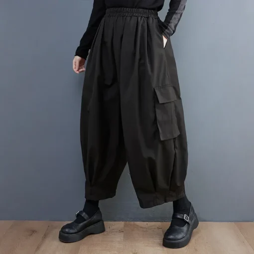 kf Sb76dd593412f43a69535db8c98ee4798c Spring Summer New Black Vintage High Elastic Waist Oversized Cargo Pants Women Loose Casual Pocket Fashion