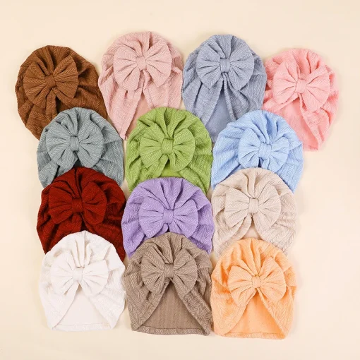 kf Sb76e5c881cde47b4917a3ba4258124d7C New Fashion Ribbed Bow Baby Turban Hat Infant Soft Elastic Beanies Cap Breathable Solid Color Baby