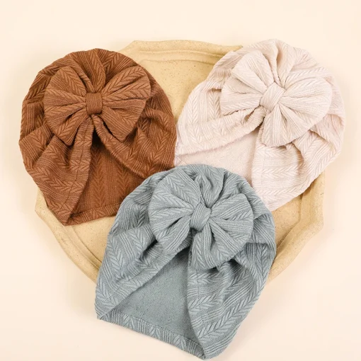 kf Sb7c519b42ec64b9bb8bc5a5f7da0836cV New Fashion Ribbed Bow Baby Turban Hat Infant Soft Elastic Beanies Cap Breathable Solid Color Baby