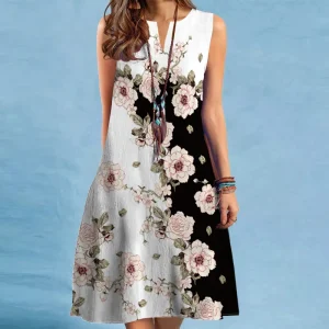 Women’s V-Neck Sleeveless Printed Maxi Dress – Loose Fit Beachwear