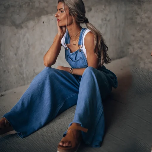 Summer Women's Blue Denim Jumpsuit – Loose Wide-Leg High-Waist Overalls with Pockets - Image 2