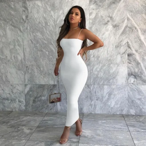 Nsangu 2024 Autumn/Winter Women's Solid White & Black Strap Midi Bodycon Dress – Sexy Streetwear & Party Club Fashion - Image 2