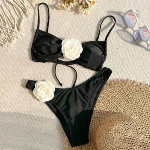 Sexy Flower Bandeau Thong Bikini Set for Women – 2025 Swimwear