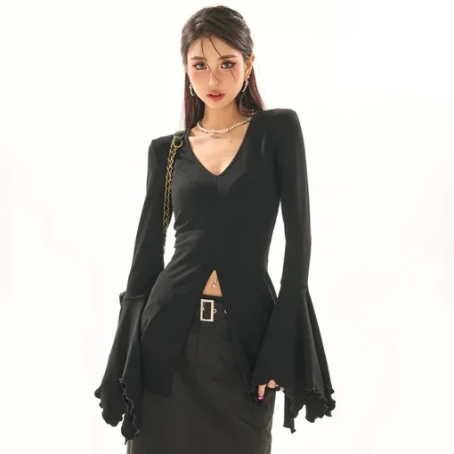 kf Sba24767a581d4b65a67bdd89d89b4624Y Fairy Grunge Flare Sleeve V neck T shirts Gothic Split Sexy Lettuce Hem Female Blouses Y2k