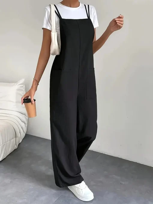 kf Sba3f92fc0a8b4cc592ddd00f929e5108Z Fashion casual women s pure black jumpsuit pants with pockets shoulder straps thin straight leg workwear