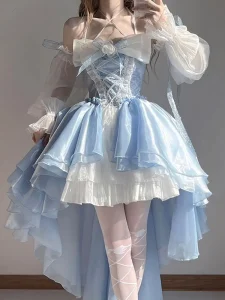 French Romantic Style Lolita OP Dress | Elegant Girl Cosplay Princess Puff Sleeve Ribbon Bowknot Flower Tunic Mesh Fairy Dress | Summer 2024