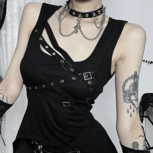 New Gothic Vintage Women’s Punk Sleeveless Black Tank Top Y2k Retro Personality Casual Slim Sexy Women Vest Tees Streetwear