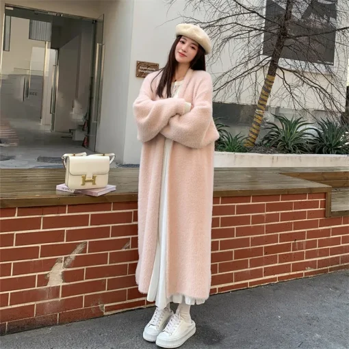 kf Sbbf76f91a8ca48a391342ea52967e0a7w 023 Autumn Winter Lazy Style Loose Knee Length Thickened Pure Imitation Mink Fleece Knitted Sweater Cardigan