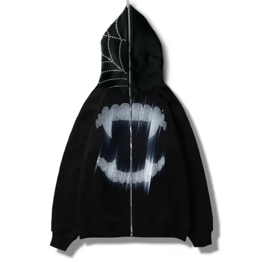 Y2K Rhinestone Cobweb Zip-Up Hoodie – Oversized Grunge Sweatshirt - Image 2