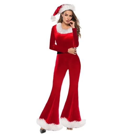 Women’s Red Christmas Costume – Cute Long Sleeve Flared Jumpsuit & Santa Hat Set for Cosplay