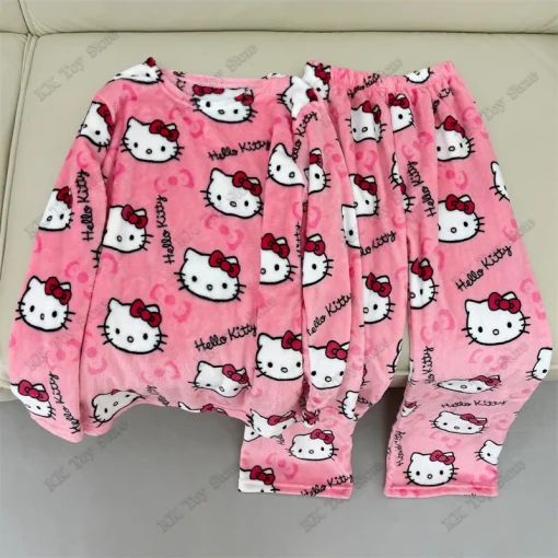 Sanrio Hello Kitty Flannel Pajama Set – Warm Woolen Casual Home Pants & Jacket, Fall Winter Loungewear for Girls, Thermal Underwear & Gift Idea - Image 2