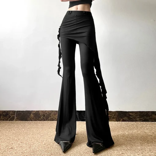 kf Sbd41f51399654195a9345a5933d00e1cI Casual Slim Folds Tie Flower Ruffles Flare Pants Casual Sexy Solid Mid Waisted Wide Leg Pants