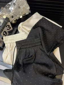 2025 Luxury Full Rhinestone Wide Leg Pants – High Waist Drawstring Casual Trousers for Women