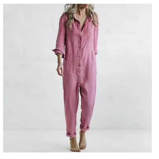 Vintage Cotton Linen Button-Up Jumpsuit – Women’s Long-Sleeve Overalls with Pockets - Image 3