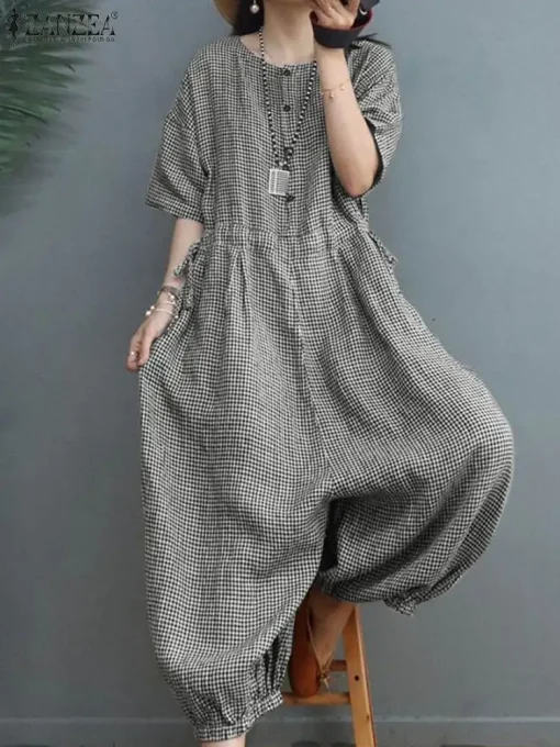 Summer Women’s Plaid Jumpsuit – Casual Loose-Fit Wide-Leg Romper with Half Sleeves