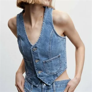 Fashion Button Denim Waistcoat Women Casual Sleeveless Jacket Chic