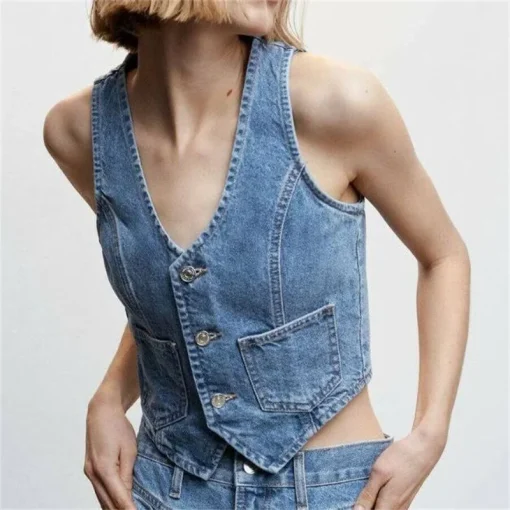 Fashion Button Denim Waistcoat Women Casual Sleeveless Jacket Chic