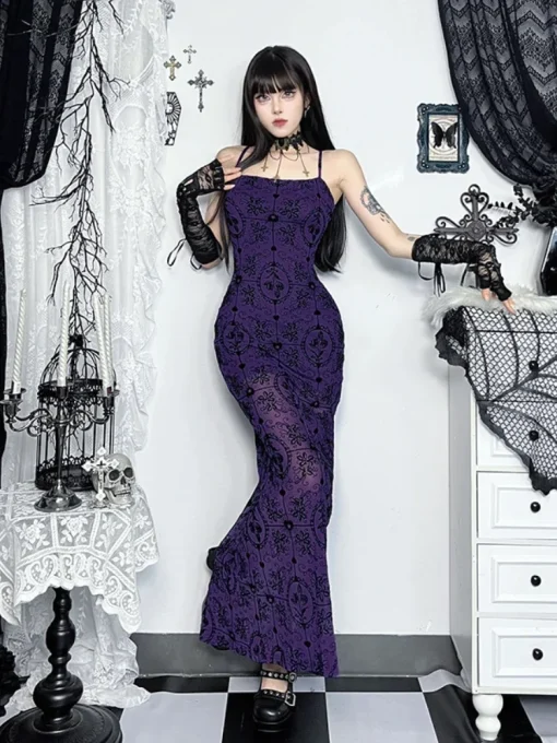 kf Sbfda36a24e61438ebc5cd6a5abc09846o Vintage Elegant Purple Flocking Dress Women Dark Gothic Aesthetic Strapless Bodycon Dress Sexy Evening Party Dress