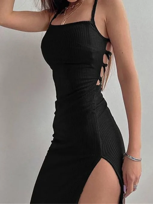 Sexy Black Halter Neck Bodycon Dress – Women’s Sleeveless High-Slit Summer Dress