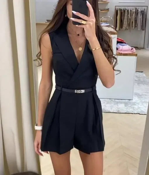 kf Sc062bcee04684736be5ba920a14fa5f8U New Fashion V neck Style Solid Color Commuter Sleeveless Suit Shorts jumpsuit Women s Waist Tie