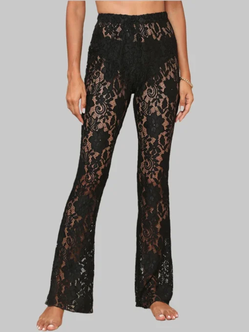 kf Sc0f562cd4bf24c3fa2d3f92c383fbf4c8 Sexy Women s Sheer Lace Pants High Waist See Through Flare Pants Bell Bottoms Trousers Beachwear