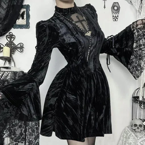 kf Sc129089f12ec477d83721ab46f9a3ff0V Mall Goth Fairycore Gothic Dress Women Aesthetic Lace Patchwork Flare Sleeve High Waist Dress Halloween Dark