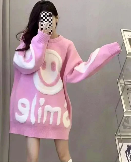 2024 New Loose & Thickened Autumn Winter Pink Smiling Face Sweater | Warm Women’s Round Neck Long Shirt | Sweet Geometric Design - Image 2