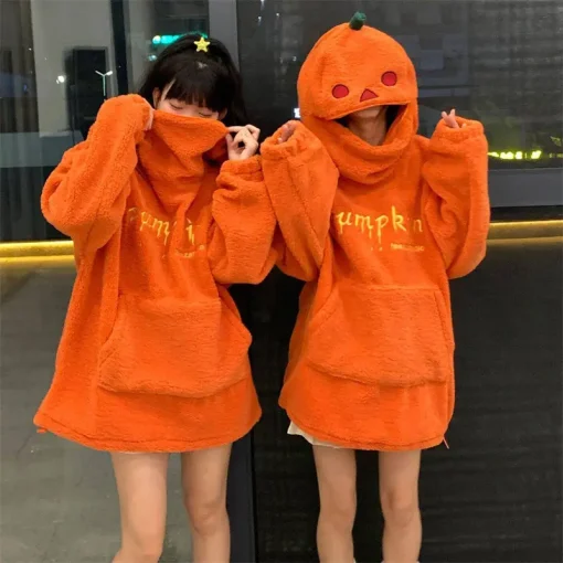 kf Sc226336eac204306997e329ba9d73bf9O 2024 Winter New Halloween Party Pumpkin Head Lamb Fleece Hoodie Women Men Unisex Hooded Sweatshirt Embroidery