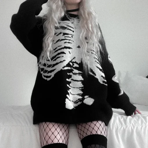 kf Sc3dde4e5fa6b4752917dc2f38336fb84c Gothic Aesthetic Skeleton Sweaters Grunge Punk Loose Black Women Winter Pullovers camisola feminina plus size