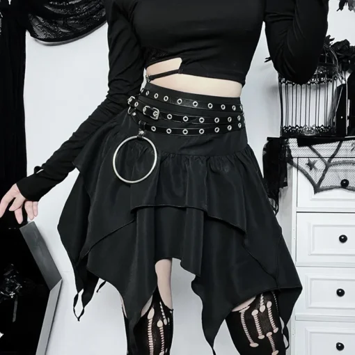 kf Sc43c93d654e945b2a06d1100c2695db9t Gothic Punk Irregular Skirts New Sexy Women Solid Color Drawstring Tie Up Ruched Ruffles Mini Skirt