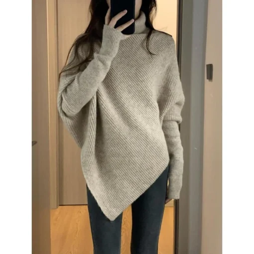 Autumn & Winter Korean Fashion Women’s Sweater | Turtleneck Loose Batwing Sleeve Pullover | Chic Solid Knit Top for Casual Wear