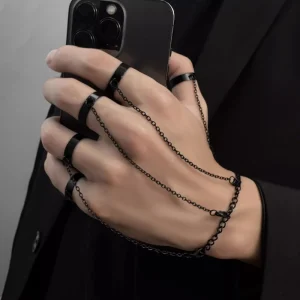 Punk Geometric Silver Color Chain Wrist Bracelet Rings | Men’s Charm Set