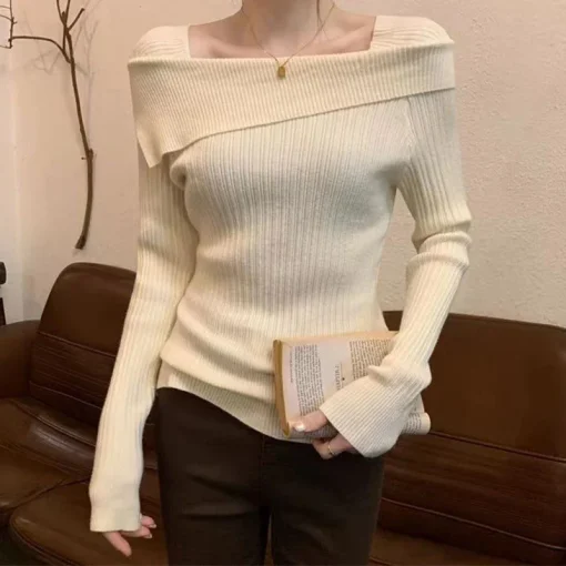 Off-Shoulder Knitted Sweater for Women | Slim Fit Slash Neck Long Sleeve Jumper | Office & Casual Fashion - Image 3