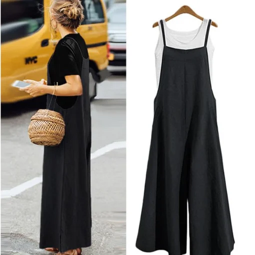 Women’s Cotton Linen Wide-Leg Jumpsuit – Sleeveless Casual Dungaree Overalls 5XL - Image 3