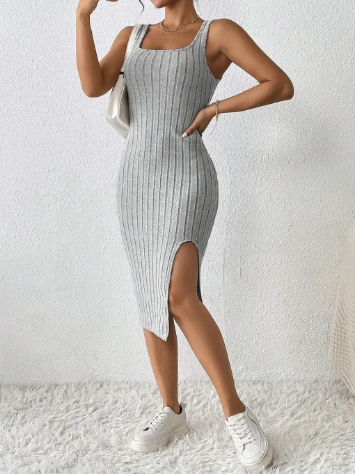 Knitted Sleeveless Midi Dress - Square Neck with Side Slit