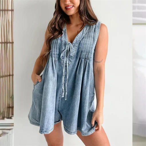 kf Sc6a8aaa88d5f4b16a8afd0d5dcc30602j 2024 Women Deep V Neck Lace up Denim Jumpsuit Shorts Rompers Female Pleated Sleeveless One piece