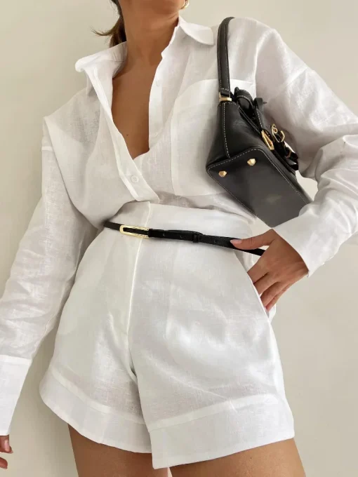 Women’s White Cotton Linen 2-Piece Suit | High-Waist Shorts & Single Breasted Shirt Set | Chic Spring/Summer Outfit 2025 - Image 3