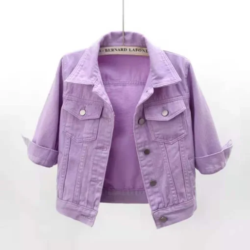 kf Sc6be56b7050b4a0694c0228684771ec3S Women Denim Jacket Spring Autumn Short Coat Pink Jean Jackets Casual Tops Purple Yellow Purple Blue