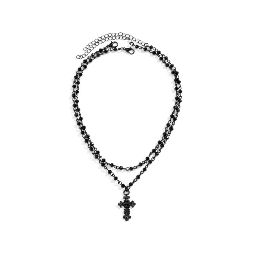 2Pcs/Set Gothic Black Cross Jesus Pendant Choker Necklace for Women | Punk Vintage Metal Beads Chain Neck Jewelry - Image 4