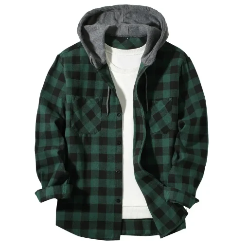 kf Sc78f27bd0c7846d6a7f3aac765fbefcfy Men s Shirts Classic Plaid Casual Button Down Hooded Long Sleeved Double Pockets Shirt Hoodie Flannel