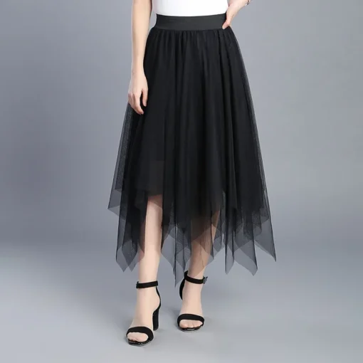 kf Sc7dea2bb1d3a443da961e2a0da114500J Spring Summer Vintage Tulle Skirt Women Elastic High Waist Mesh Skirts Long Pleated Tutu Skirt Female